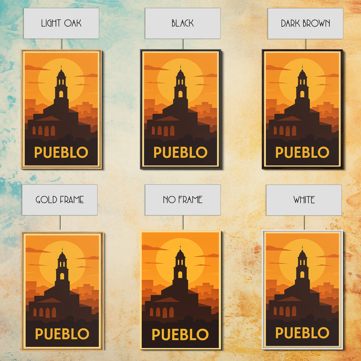 Pueblo Travel Poster, Framed Canvas Print, Gold Art Deco Poster Art, Pueblo City Art, Travel Wall Decor, Home Office Decor, Travel Print