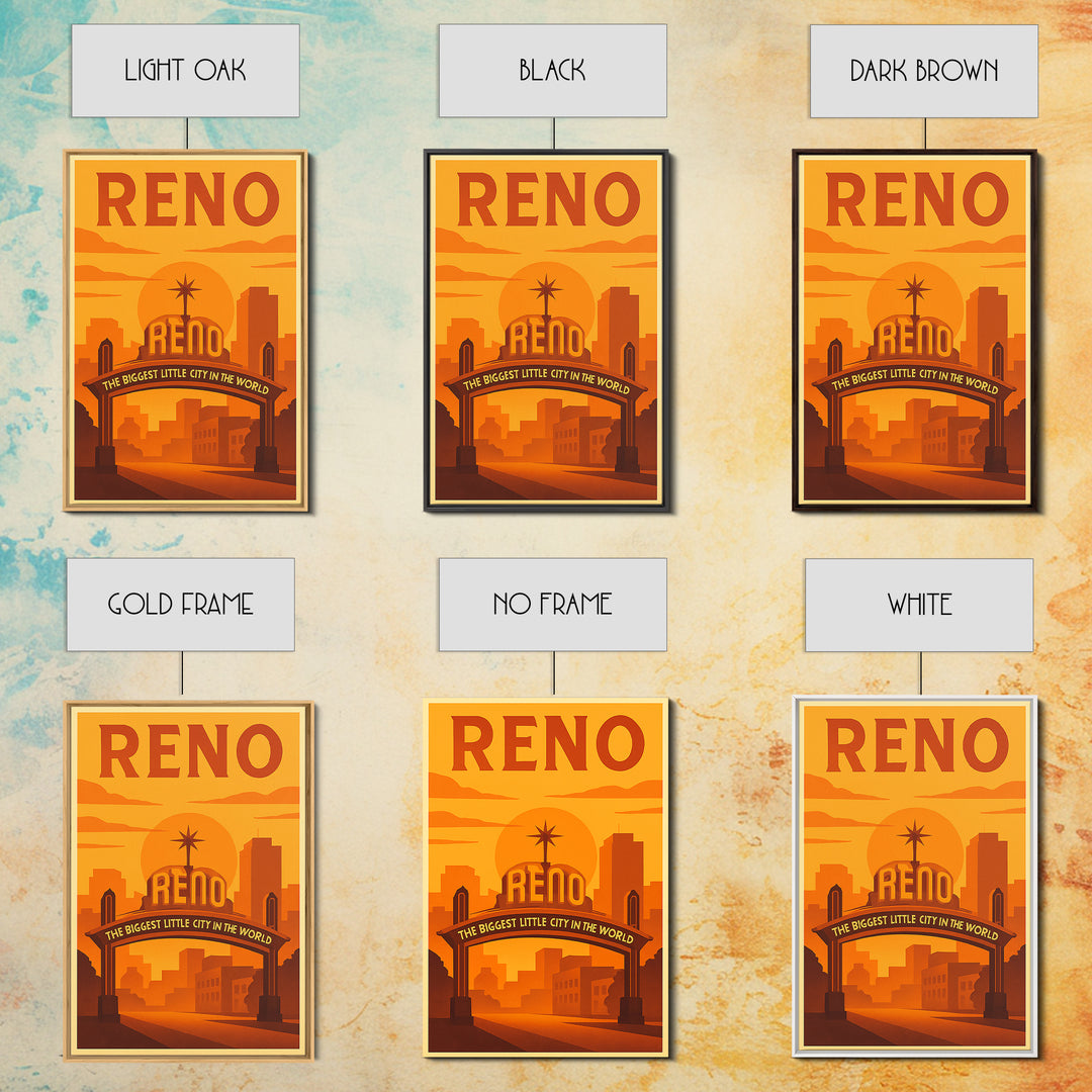 Reno Nevada Travel Poster, Canvas Print, Warm Sunset Silhouette Art, Reno Wall Art, City Art Print, Mid Century Wall Art, City Illustration