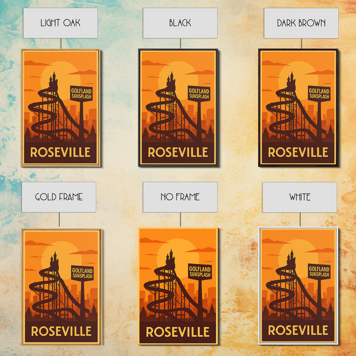 Roseville Travel Poster, Framed Canvas Print, Gold Art Deco Poster Art, Roseville Poster Print, Retro Travel Print, Vintage City Art