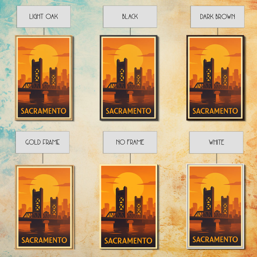 Sacramento Travel Poster, Framed Canvas Print, Warm Sunset Silhouette Art, Sacramento Art Print, City Travel Prints, Fine Art Print