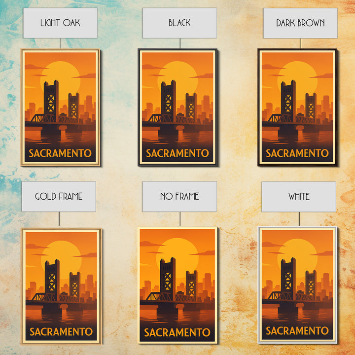 Sacramento Travel Poster, Framed Canvas Print, Warm Sunset Silhouette Art, Sacramento Art Print, City Travel Prints, Fine Art Print