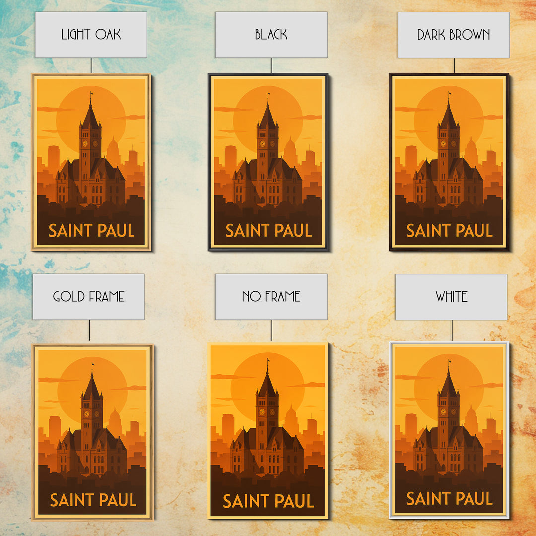 Saint Paul Travel Poster, Framed Canvas Print, Warm Sunset Silhouette Art, Saint Paul City Art, Travel Poster Set, Travel Poster Art