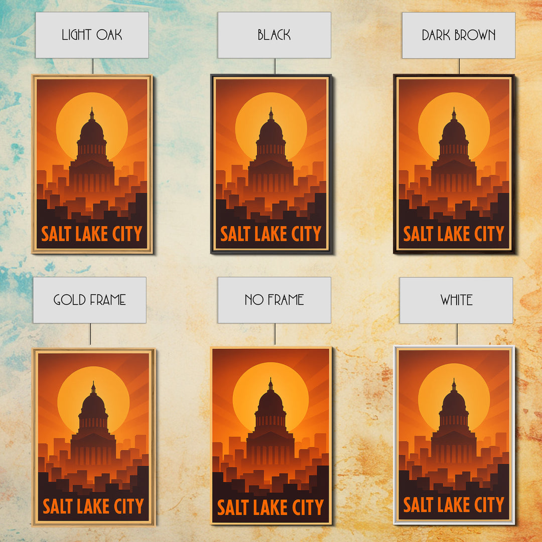 Salt Lake City Travel Poster, Framed Canvas Print, Warm Sunset Silhouette Art, Salt Lake City Travel Art, Home Office Decor, City Poster