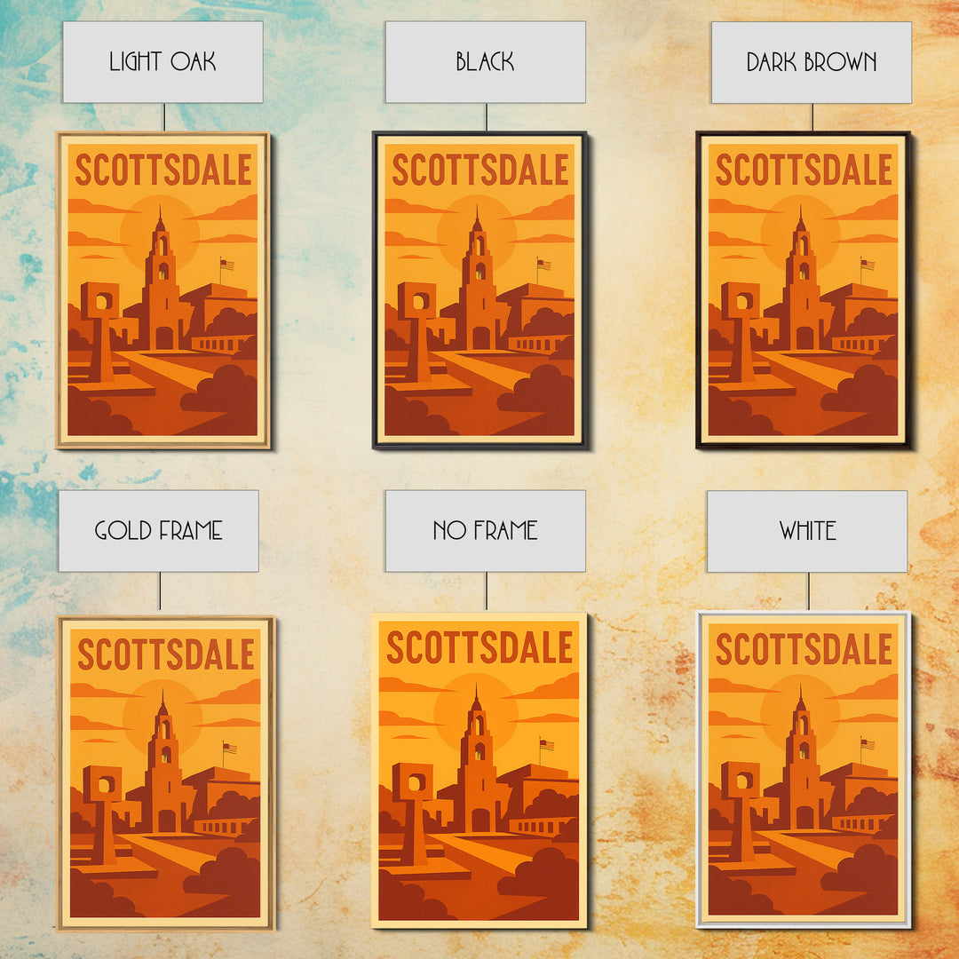 Scottsdale Arizona Travel Poster, Canvas Print, Warm Sunset Silhouette Art, Scottsdale Art Print, Mid Century Wall Art, Vintage Travel Print