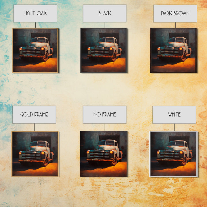 Pickup Truck in Dusty Sunset Light Framed Canvas Print, Garage Art, Tattoo Art, Garage Decor, Oil Painting, Motor, GAR-1x1-37