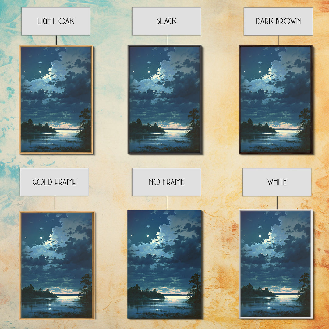 Dreamlike Moonlit Lake Framed Canvas Print, General Fine Art, Decor, Living Room Decor, Fine Art, Digital Wall Art, GEN-2x3-21
