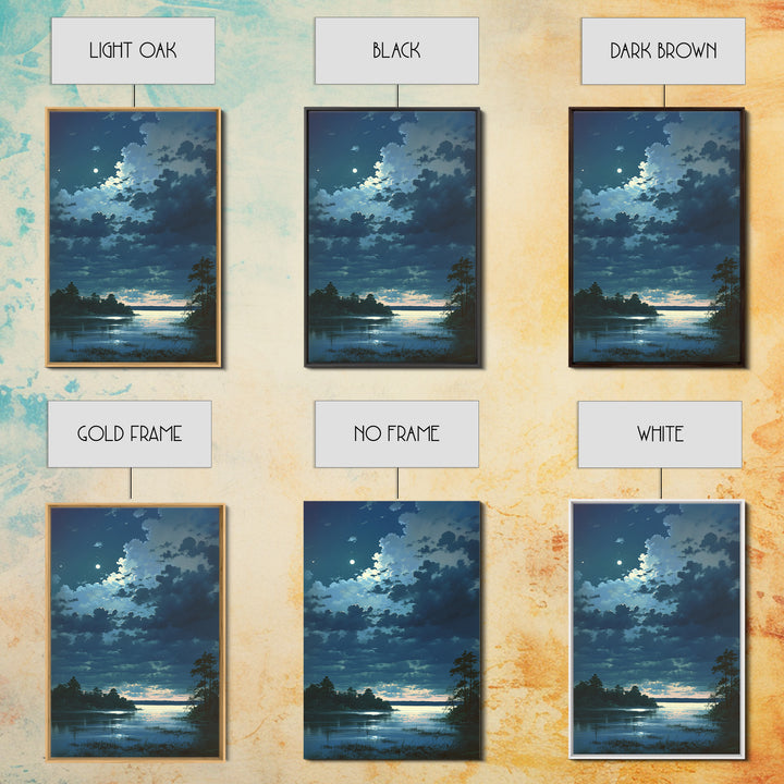 Dreamlike Moonlit Lake Framed Canvas Print, General Fine Art, Decor, Living Room Decor, Fine Art, Digital Wall Art, GEN-2x3-21