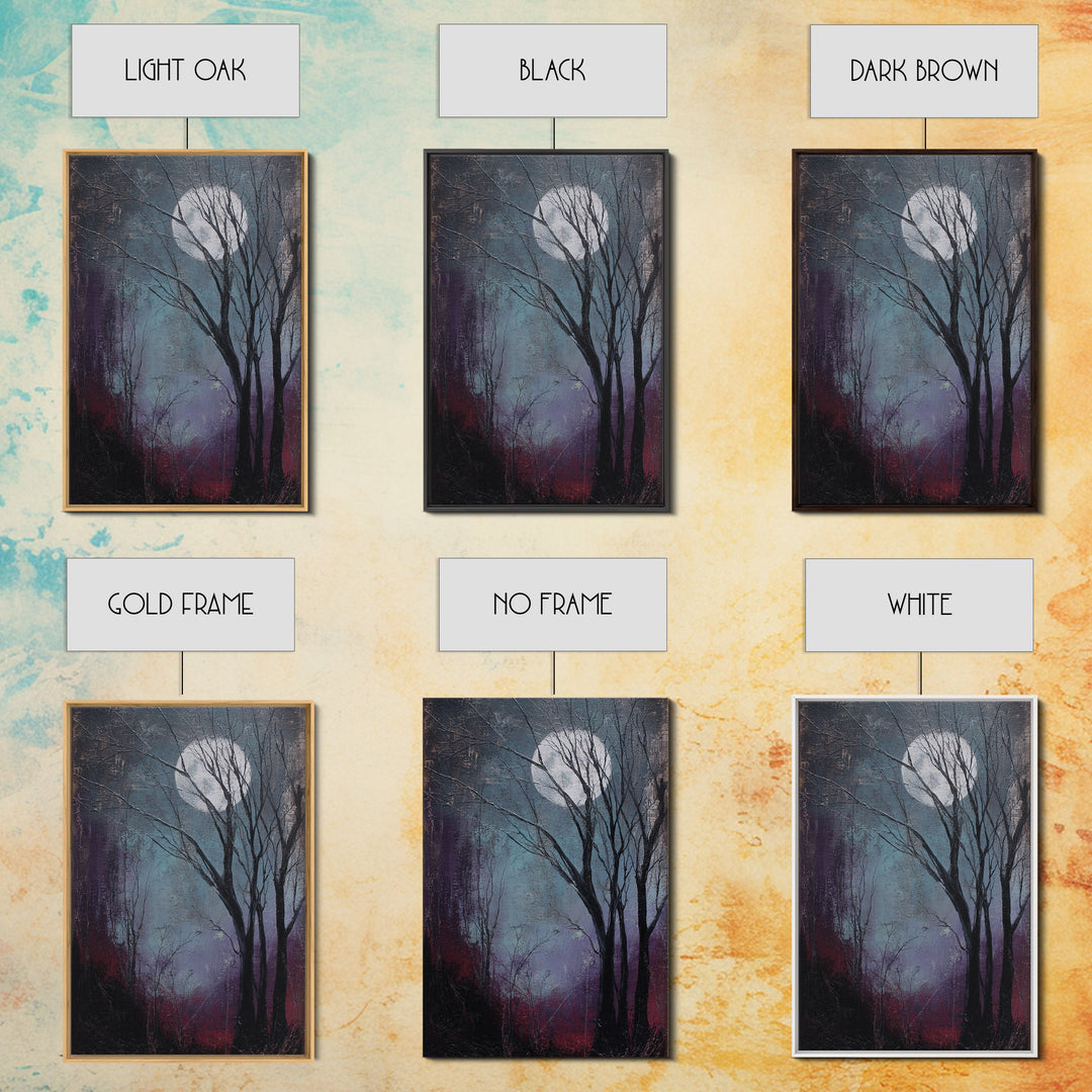 Silver Moon over Twisted Black Trees Framed Canvas Print, Gothic Art, Art Prints, Living Room Decor, Abstract Art, Gothic, GOT-2x3-17