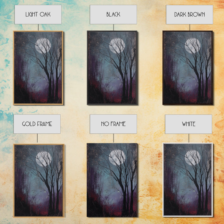 Silver Moon over Twisted Black Trees Framed Canvas Print, Gothic Art, Art Prints, Living Room Decor, Abstract Art, Gothic, GOT-2x3-17