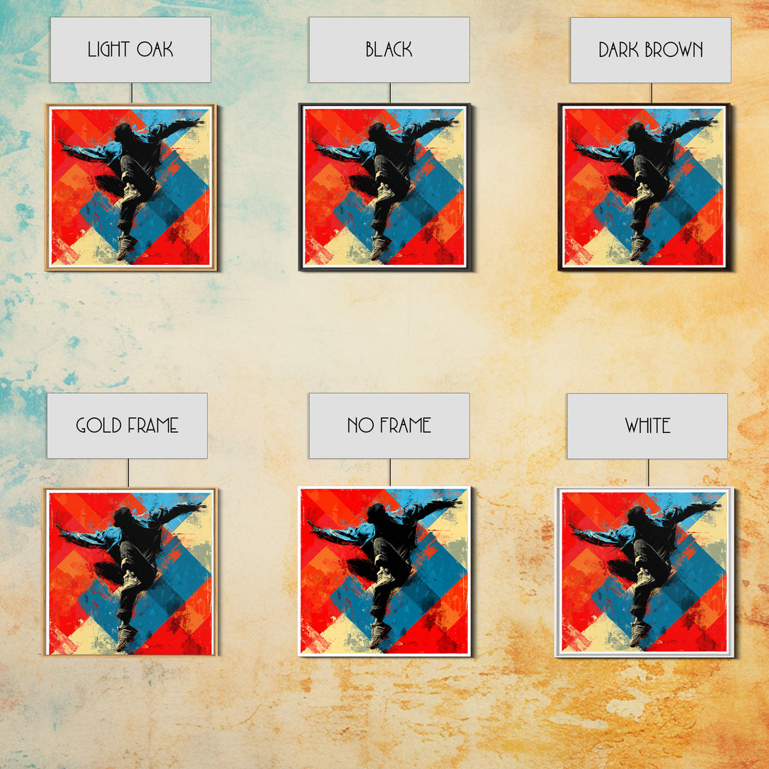 Breakdancer Silhouette over Bright Paint Splashes Framed Canvas Print, Graffiti Art, 3d Wall Art, Living Room Decor, Street, GRF-1x1-2