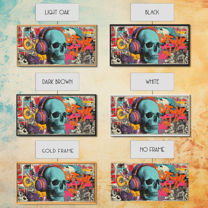 Skull and Headphones Mural Composition Framed Canvas Print, Graffiti Art, Graffiti, Living Room Decor, Fine Art, Street, GRF-2x1-19