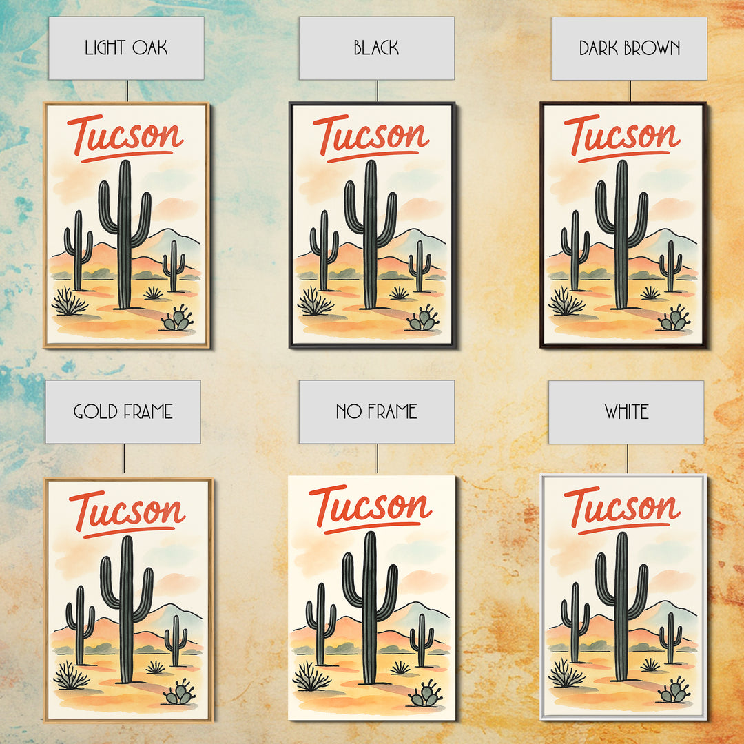 Tucson Travel Poster, Framed Canvas Print, Watercolor Urban Skyline Art, Tucson Travel Art, Gift For Travelers, City Travel Prints