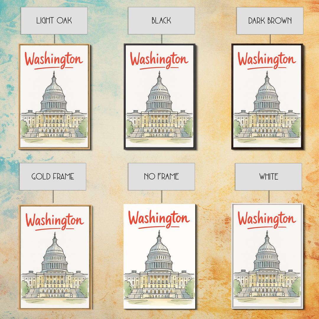 Washington Travel Poster, Framed Canvas Print, Soft Sketch Travel Art, Washington Poster Print, Travel Poster Art, City Illustration