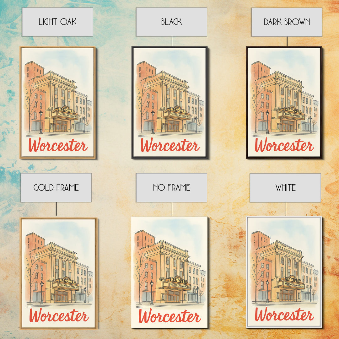 Worcester Massachusetts Travel Poster, Canvas Print, Illustrated City Wall Art, Worcester Art Print, Travel Art, Mid Century Wall Art