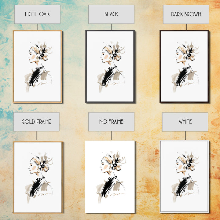 Black and White Line Art Salon Figure Framed Canvas Print, Hair Salon Art, African Art, Living Room Decor, Fine Art, Style, HSA-2x3-87