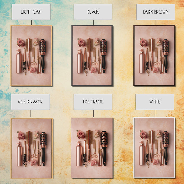Rose Gold Salon Tool Still Life Framed Canvas Print, Hair Salon Art, Metal Wall Art, Living Room Decor, Fine Art, Style, HSA-2x3-94