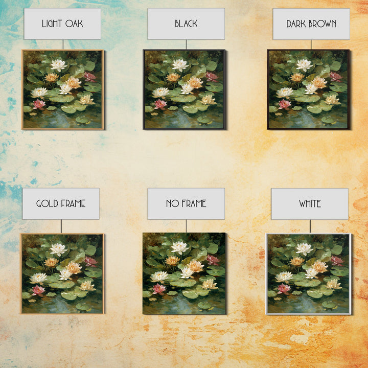 Water Lilies Floating on a Sunlit Pond Framed Canvas Print, Impressionist Art, Living Room Decor, Watercolor Art, Impression, IMP-1x1-73