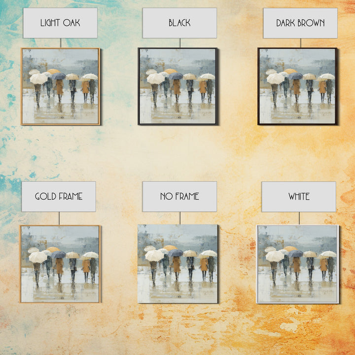 Rainy Boulevard with Umbrella Shapes Framed Canvas Print, Impressionist Art, Wall Art, Living Room Decor, Abstract Art, IMP-1x1-93