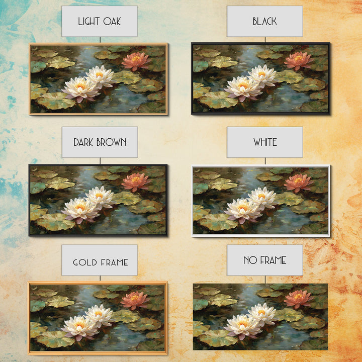 Water Lilies Floating on a Sunlit Pond Framed Canvas Print, Impressionist Art, Farmhouse Decor, Living Room Decor, Impression, IMP-2x1-45