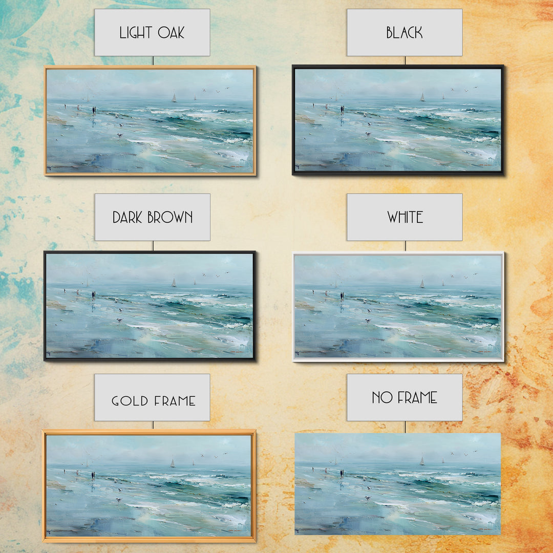 Coastal Beach Figures Framed Canvas Print, Impressionist Art, Gallery Wall Art, Living Room Decor, Oil Painting, Impression, IMP-2x1-87