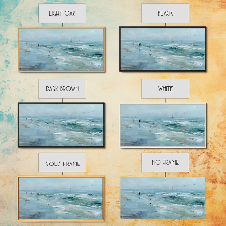 Coastal Beach Figures Framed Canvas Print, Impressionist Art, Gallery Wall Art, Living Room Decor, Oil Painting, Impression, IMP-2x1-87