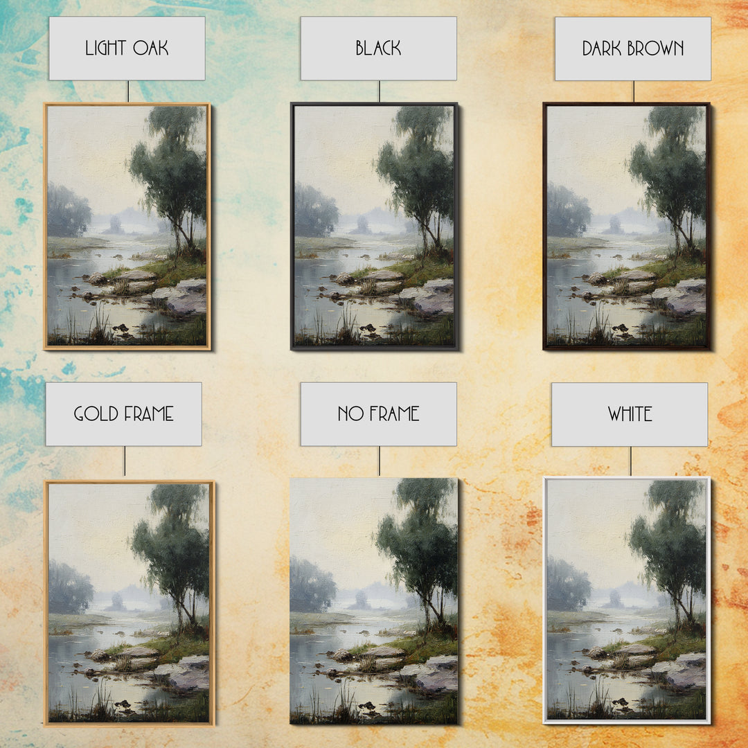 Misty Riverbank with Willow Trees Framed Canvas Print, Impressionist Art, Contemporary Art, Living Room Decor, Impression, IMP-2x3-19