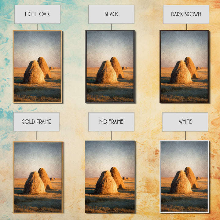 Haystacks Glowing at Golden Hour Framed Canvas Print, Impressionist Art, Bedroom Decor, Living Room Decor, Fine Art, Impression, IMP-2x3-60