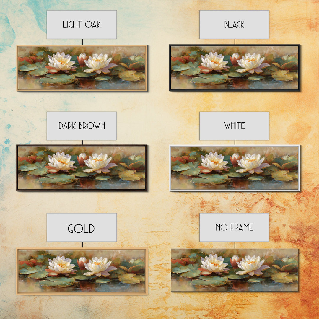 Water Lilies Floating on a Sunlit Pond Framed Canvas Print, Impressionist Art, Boho Decor, Living Room Decor, Oil Painting, IMP-3x1-89