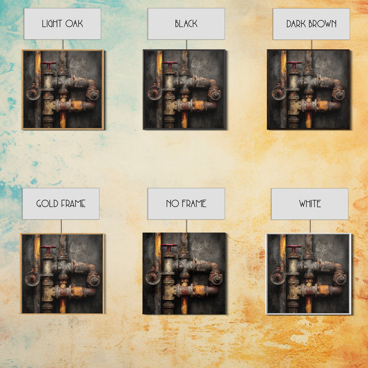 Metal Pipes and Valves as Graphic Composition Framed Canvas Print, Industrial Art, Wall Hanging, Living Room Decor, Foundry, IND-1x1-56