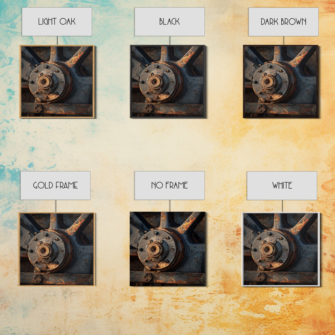 Steam Locomotive Wheel Closeup Framed Canvas Print, Industrial Art, Living Room Decor, Watercolor Art, Foundry, IND-1x1-6