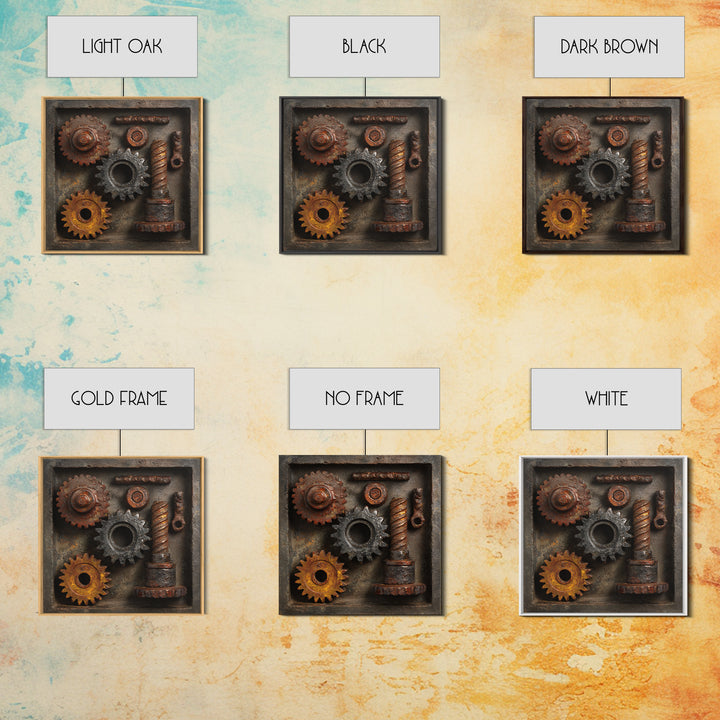 Rusted Gears Arranged as Sculptural Still Life Canvas Print, Industrial Art, Abstract Art, Living Room Decor, Oil Painting, IND-1x1-97
