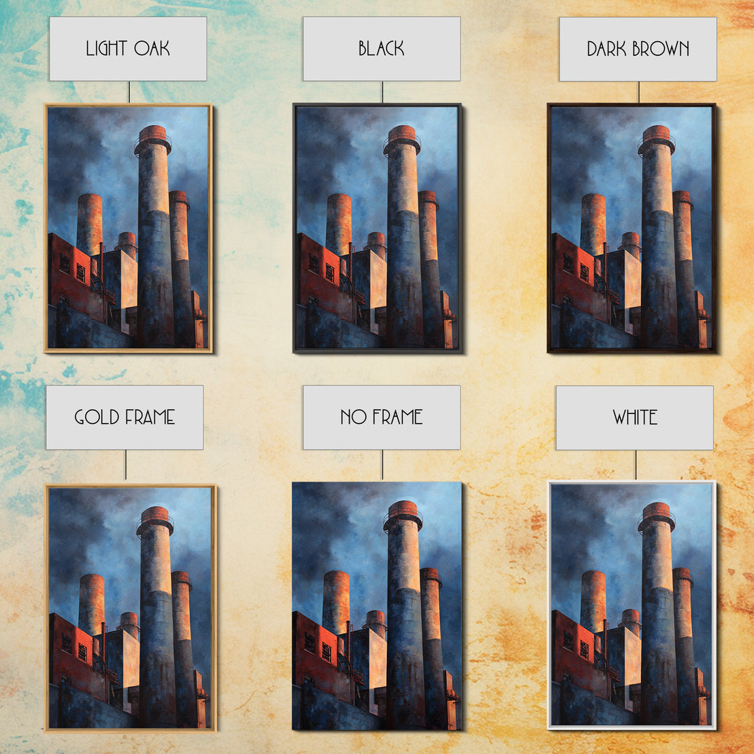 Factory Smokestacks with Moody Sky Framed Canvas Print, Industrial Art, Large Art, Living Room Decor, Fine Art, Foundry, IND-2x3-43