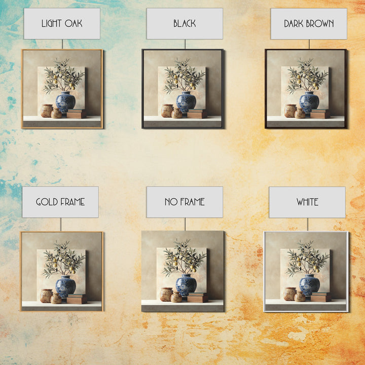 Lemon Branch in Blue Ceramic Vase Framed Canvas Print, Italian Villa Art, Bedroom Wall Art, Living Room Decor, Oil Painting, IVA-1x1-2