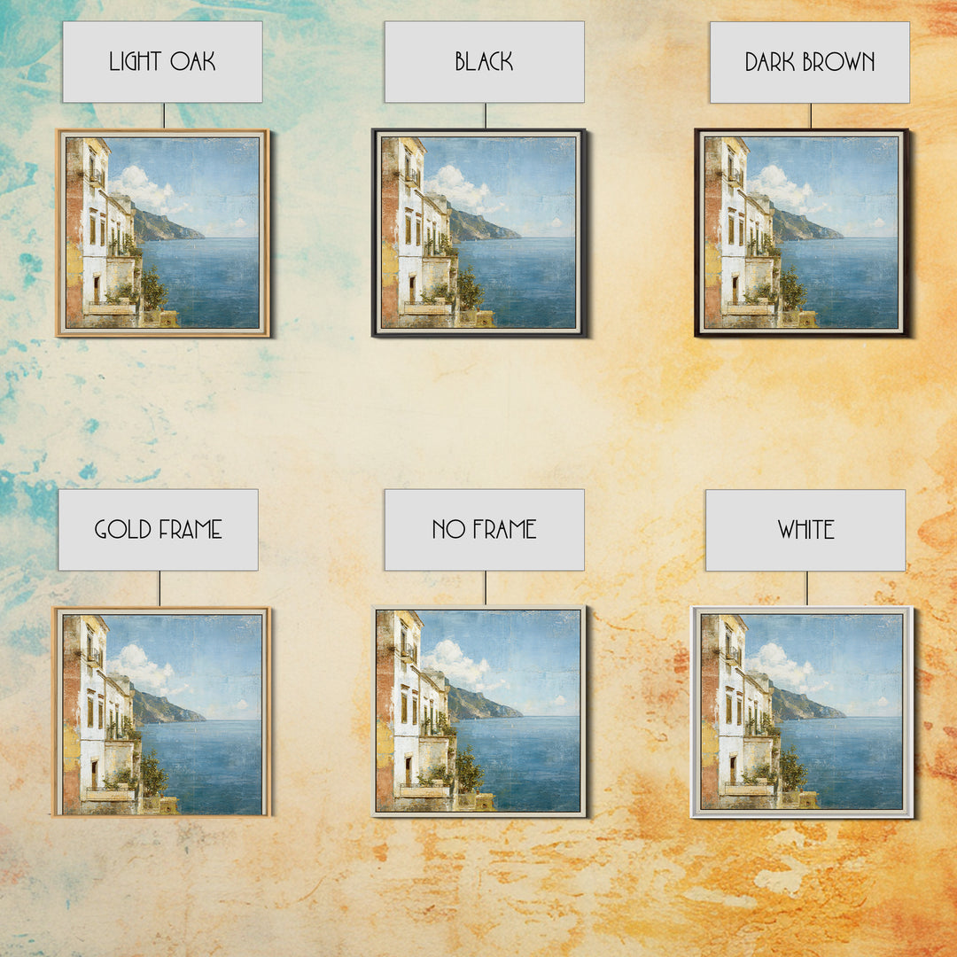 Amalfi Coast Cliffs Framed Canvas Print, Italian Villa Art, Colorful Wall Art, Living Room Decor, Oil Painting, Villa, IVA-1x1-37