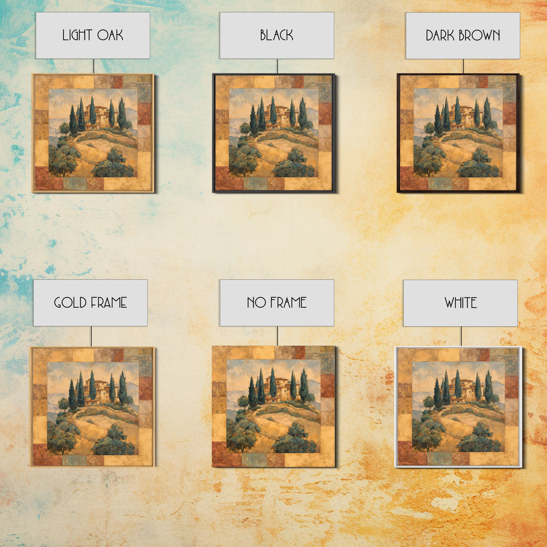 Tuscan Hillside with Cypress Trees and Golden Canvas Print, Italian Villa Art, Living Room Decor, Oil Painting, Villa, IVA-1x1-97