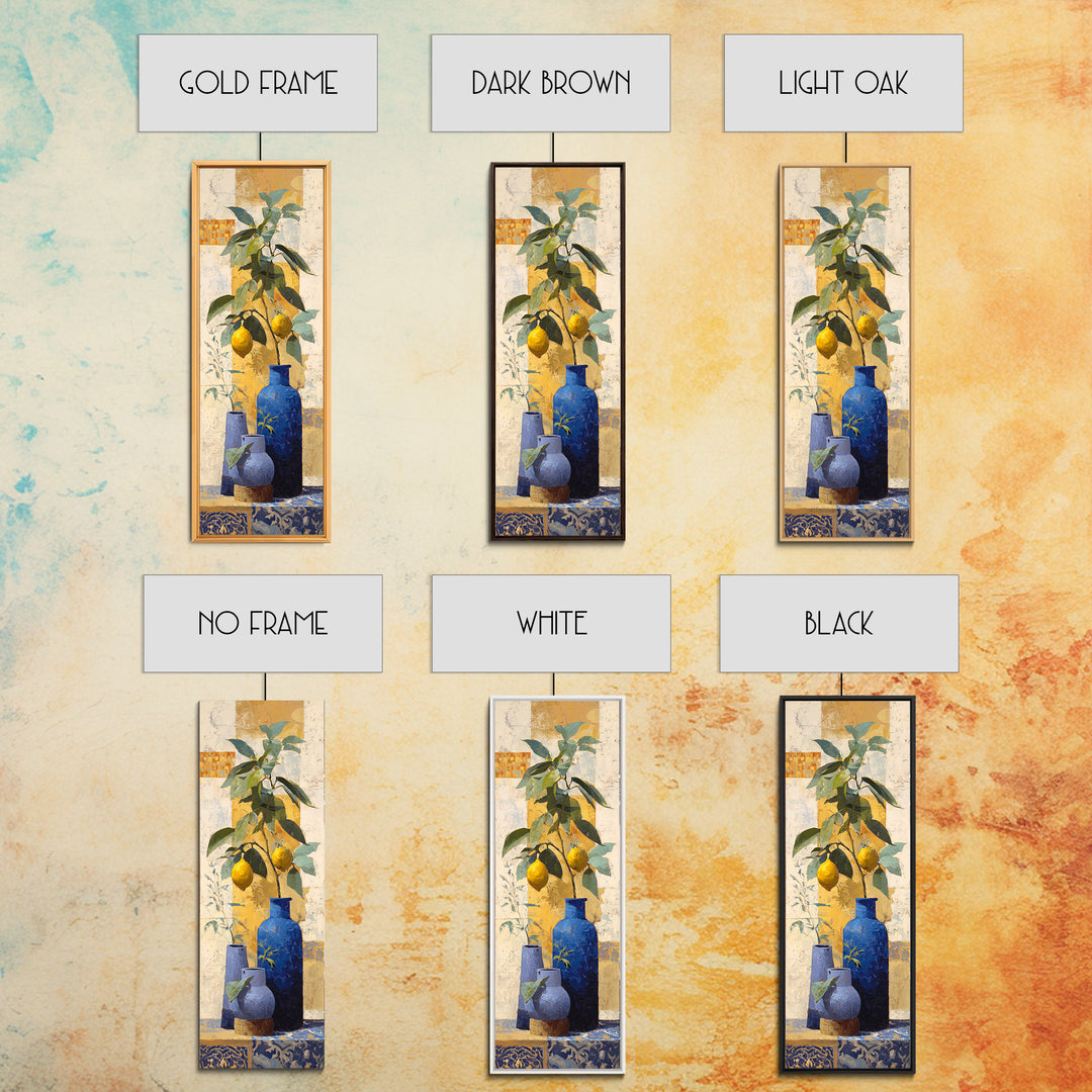 Lemon Branch in Blue Ceramic Vase Framed Canvas Print, Italian Villa Art, Gallery Wall Set, Living Room Decor, Oil Painting, IVA-1x3-62