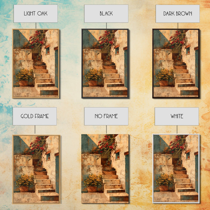 Sunlit Stone Stairway Framed Canvas Print, Italian Villa Art, Bedroom Wall Art, Living Room Decor, Villa, Travel Poster, IVA-2x3-19