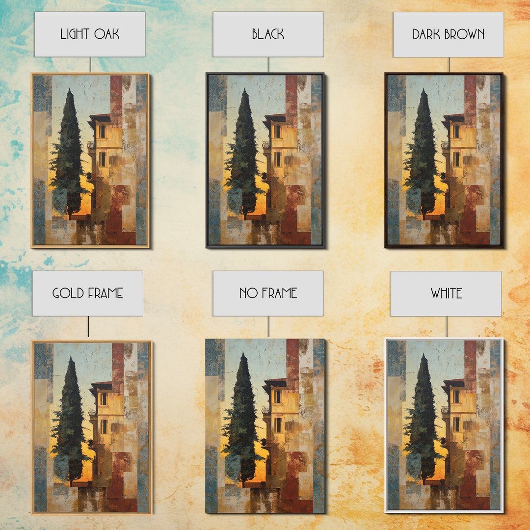Cypress Silhouette at Sunset Framed Canvas Print, Italian Villa Art, Boho Decor, Living Room Decor, Oil Painting, Villa, IVA-2x3-53