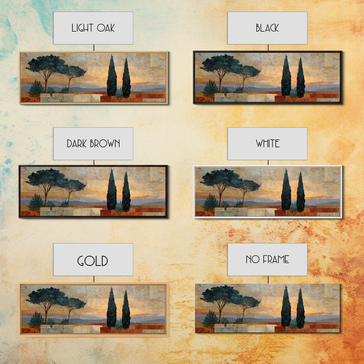 Cypress Silhouette at Sunset Framed Canvas Print, Italian Villa Art, Oil Painting, Living Room Decor, Watercolor Art, Villa, IVA-3x1-37