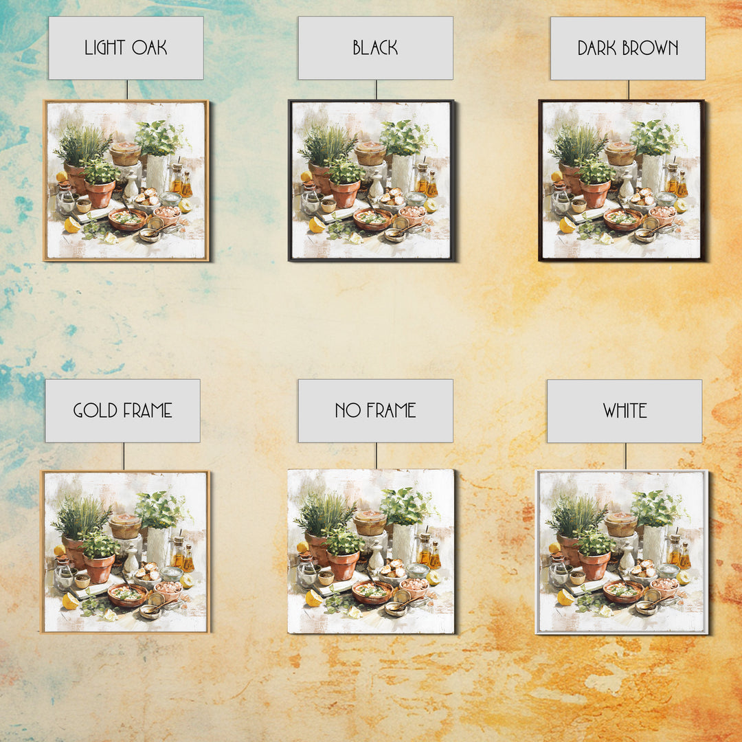 Fresh Herbs in Terracotta Pots Framed Canvas Print, Kitchen Art, Art Print, Kitchen Decor, Watercolor Art, Kitchen, Art Prints, KIT-1x1-73
