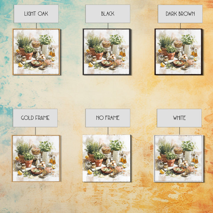 Fresh Herbs in Terracotta Pots Framed Canvas Print, Kitchen Art, Art Print, Kitchen Decor, Watercolor Art, Kitchen, Art Prints, KIT-1x1-73