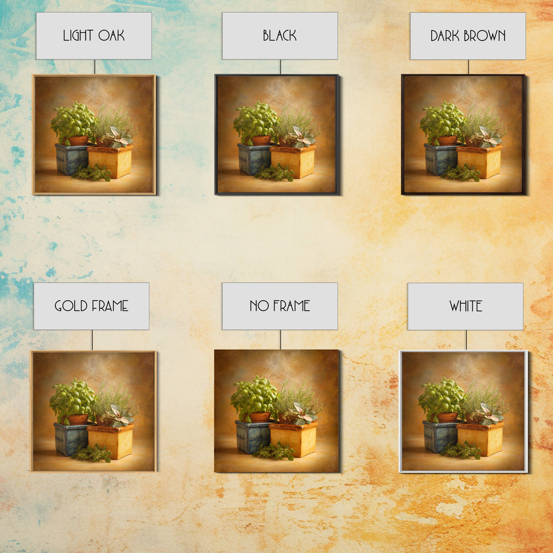 Fresh Herbs in Terracotta Pots Canvas Print, Kitchen Art, Wall Art, Kitchen Decor, Oil Painting, Kitchen, Kitchen Wall Art, KIT-1x1-97