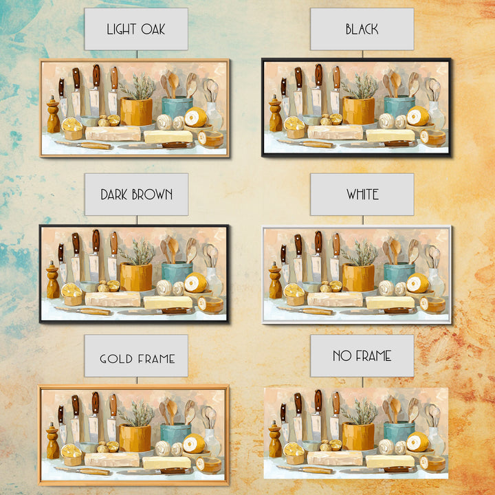 Chef Knives and Herbs Arranged as Graphic Framed Canvas Print, Kitchen Art, Luxury Decor, Kitchen Decor, Fine Art, Kitchen, KIT-2x1-6