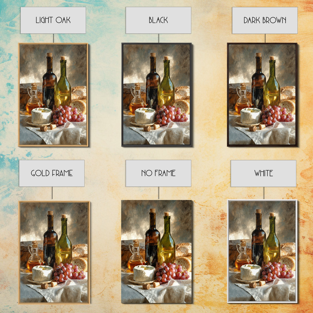 Wine Bottle Grapes and Cheese Still Life Framed Canvas Print, Kitchen Art, Print, Kitchen Decor, Oil Painting, Kitchen, KIT-2x3-20