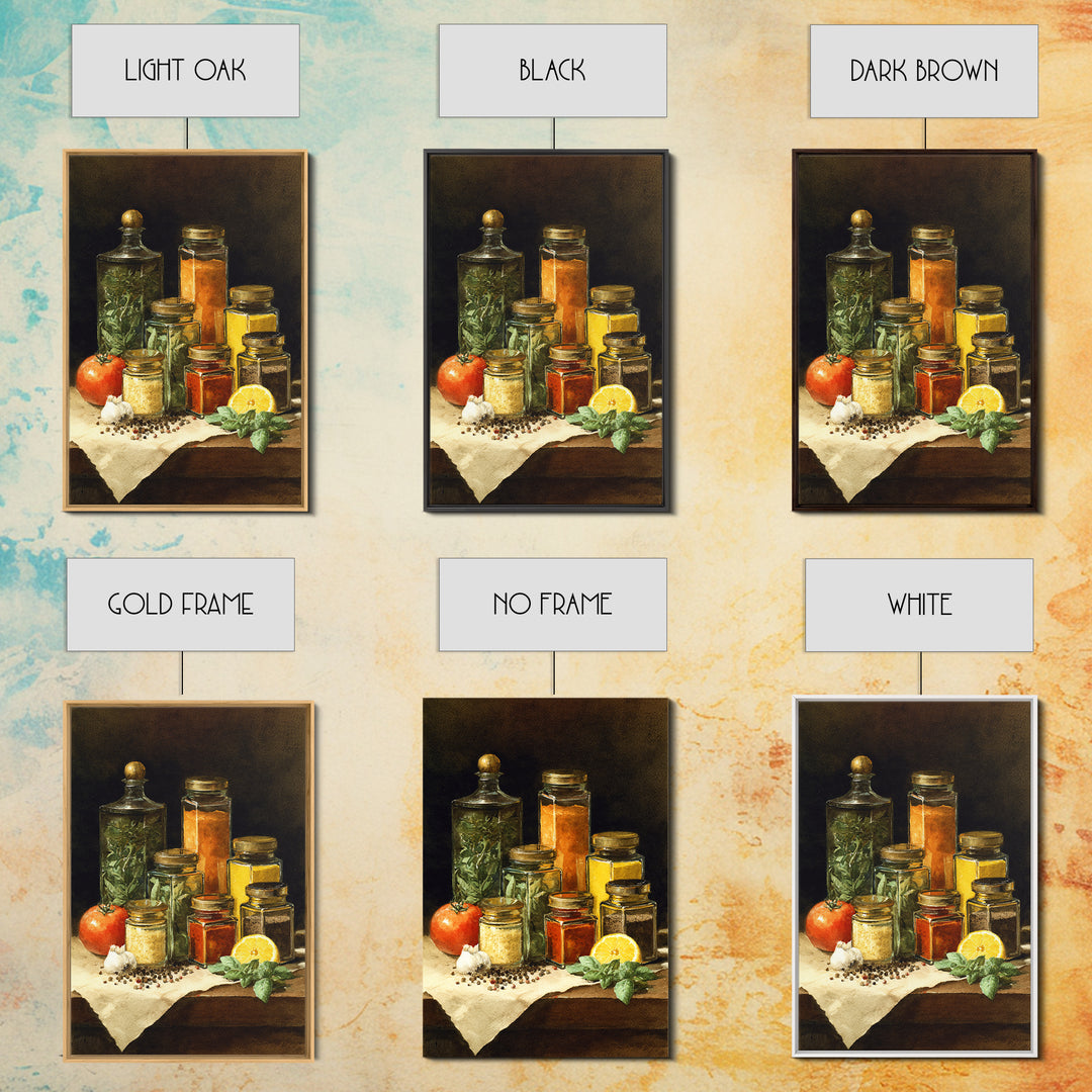 Watercolor Spice Jars Without Readable Labels Framed Canvas Print, Kitchen Art, Kitchen Decor, Oil Painting, Kitchen, KIT-2x3-21