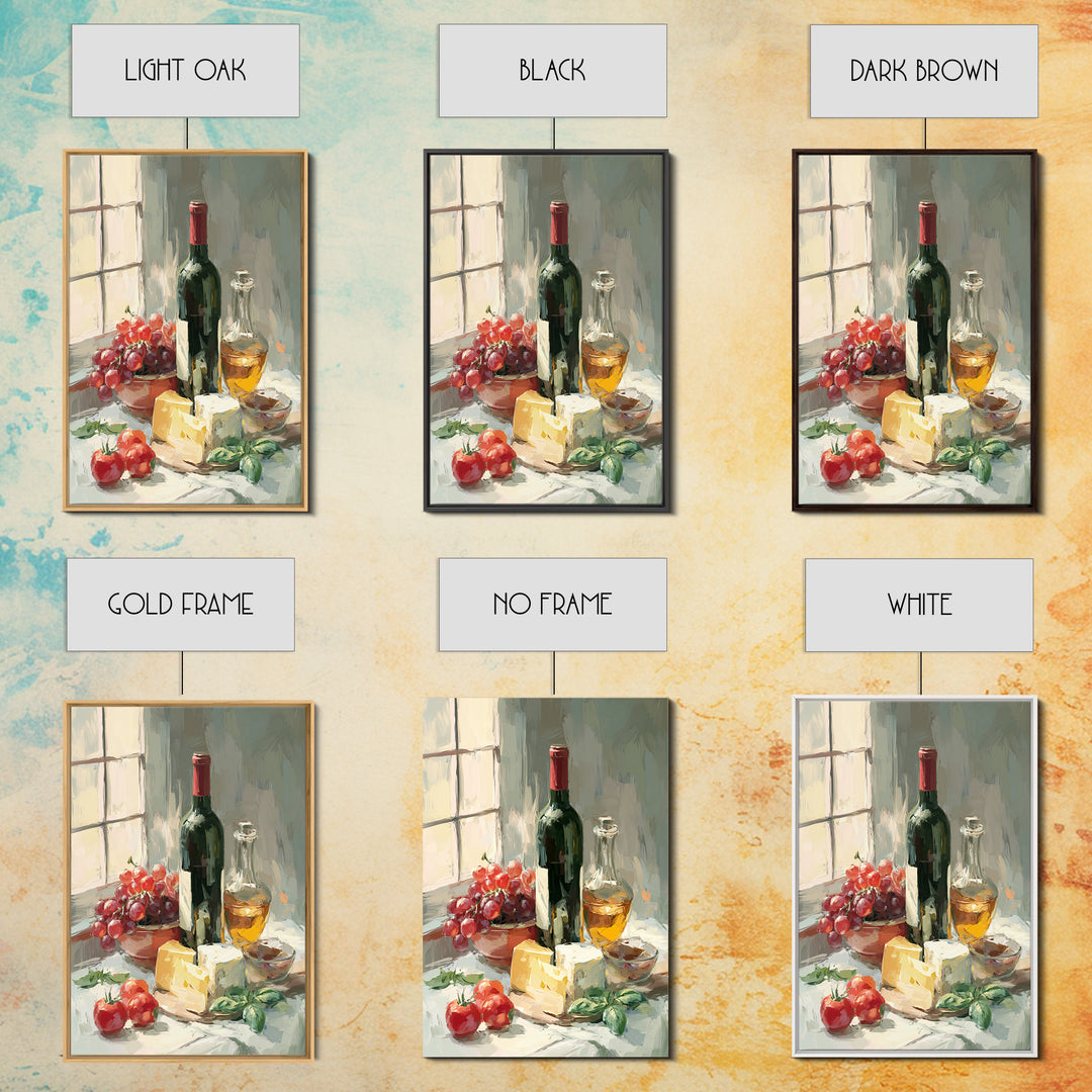 Wine Bottle Grapes and Cheese Still Life Framed Canvas Print, Kitchen Art, Digital Art, Kitchen Decor, Fine Art, Kitchen, KIT-2x3-68