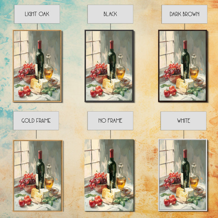 Wine Bottle Grapes and Cheese Still Life Framed Canvas Print, Kitchen Art, Digital Art, Kitchen Decor, Fine Art, Kitchen, KIT-2x3-68