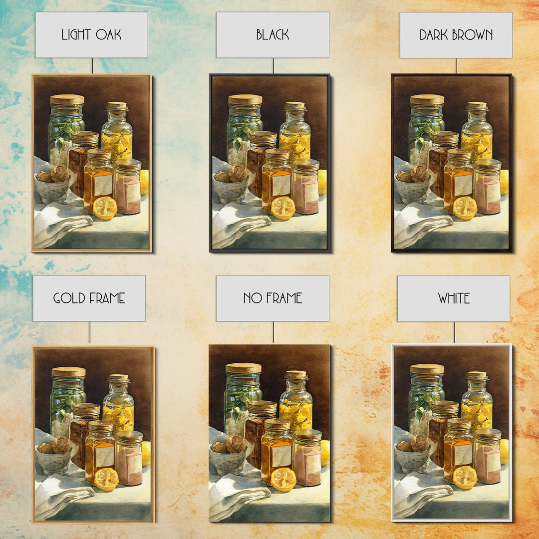 Watercolor Spice Jars Without Readable Labels Framed Canvas Print, Kitchen Art, Art Deco, Kitchen Decor, Fine Art, Kitchen, KIT-2x3-69