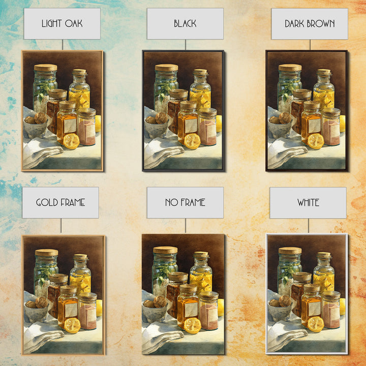 Watercolor Spice Jars Without Readable Labels Framed Canvas Print, Kitchen Art, Art Deco, Kitchen Decor, Fine Art, Kitchen, KIT-2x3-69