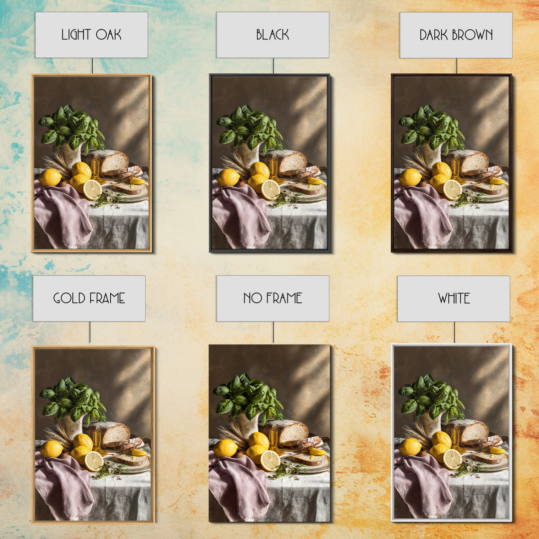 Pasta Lemons and Basil Mediterranean Still Life Framed Canvas Print, Kitchen Art, Kitchen Decor, Kitchen, Trendy Wall Art, KIT-2x3-73